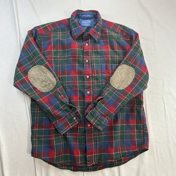 Pendleton Other - Pendleton Trail Shirt Mens L Plaid Long Sleeve Red Wool Flannel Elbow Patch